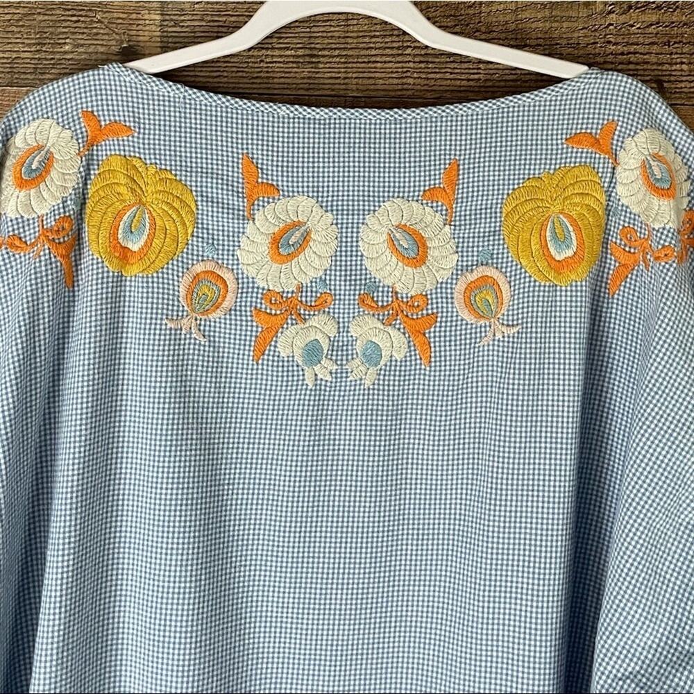 Zara Woman Blue White Gingham Check Floral Embroidered Tunic Top SZ Medium - Picture 8 of 11